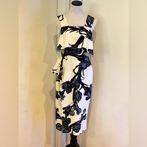 Topshop Cream w/ Blue Floral Squareneck Midi Dress, Size US 6